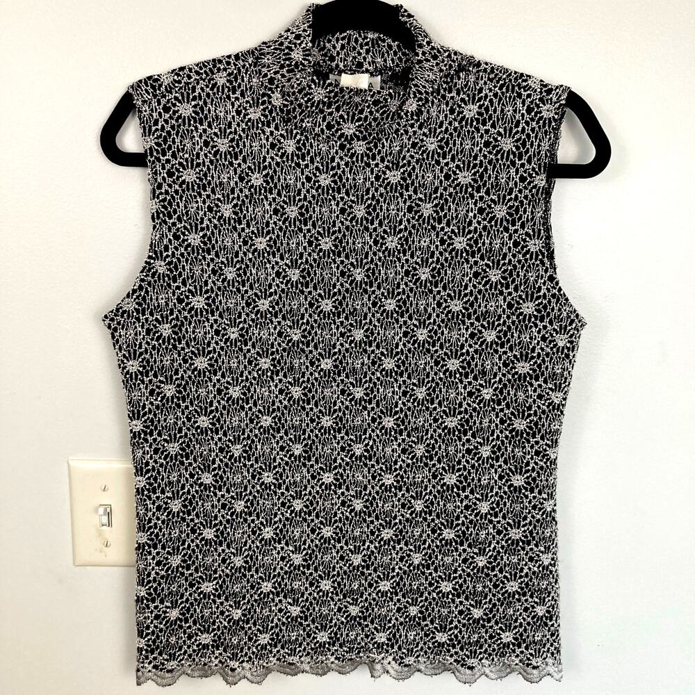 Vintage Womens L Black Lace Mock Neck Sleeveless Top Whimsigoth Dark Fairy Goth